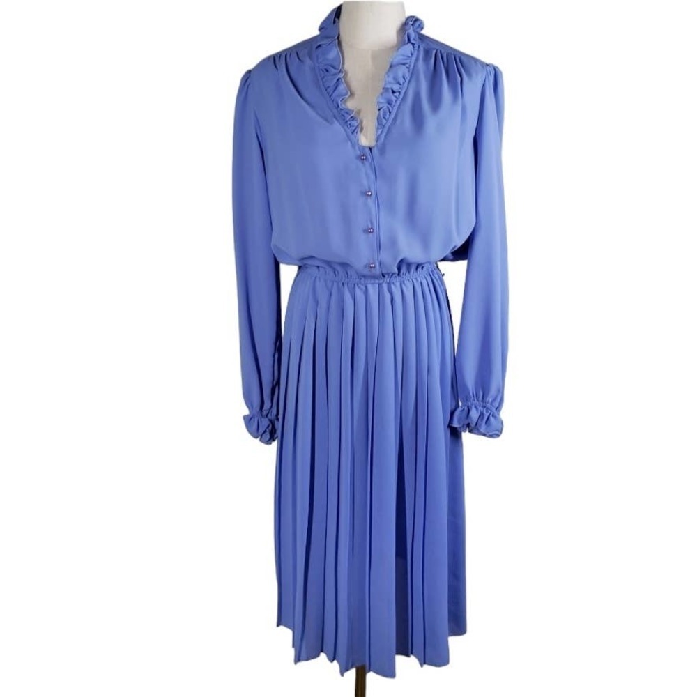 Vintage Jo Hanna York Polyester Ruffle Trimmed Dress 18 L‎ Periwinkle Blue